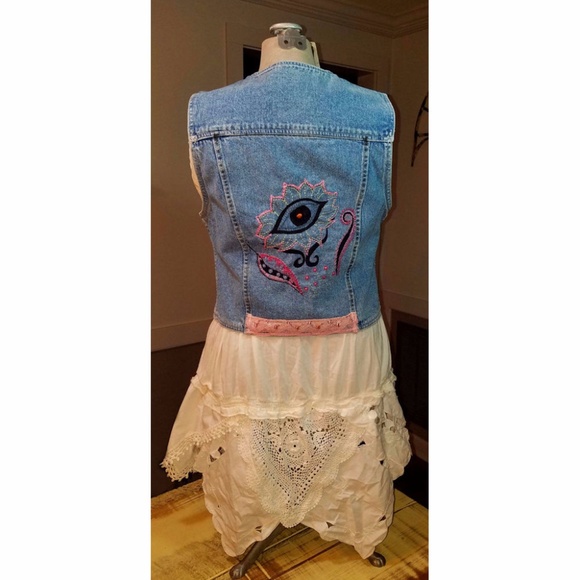 Hand Embroidered Evil Eye Denim Vest Boho Hippie - Picture 6 of 8